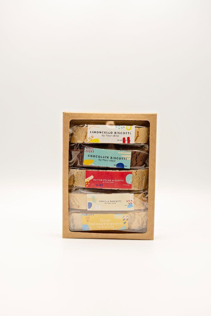 a five pack biscotti package with limoncello, chocolate, butter pecan, vanilla, and coconut flavors