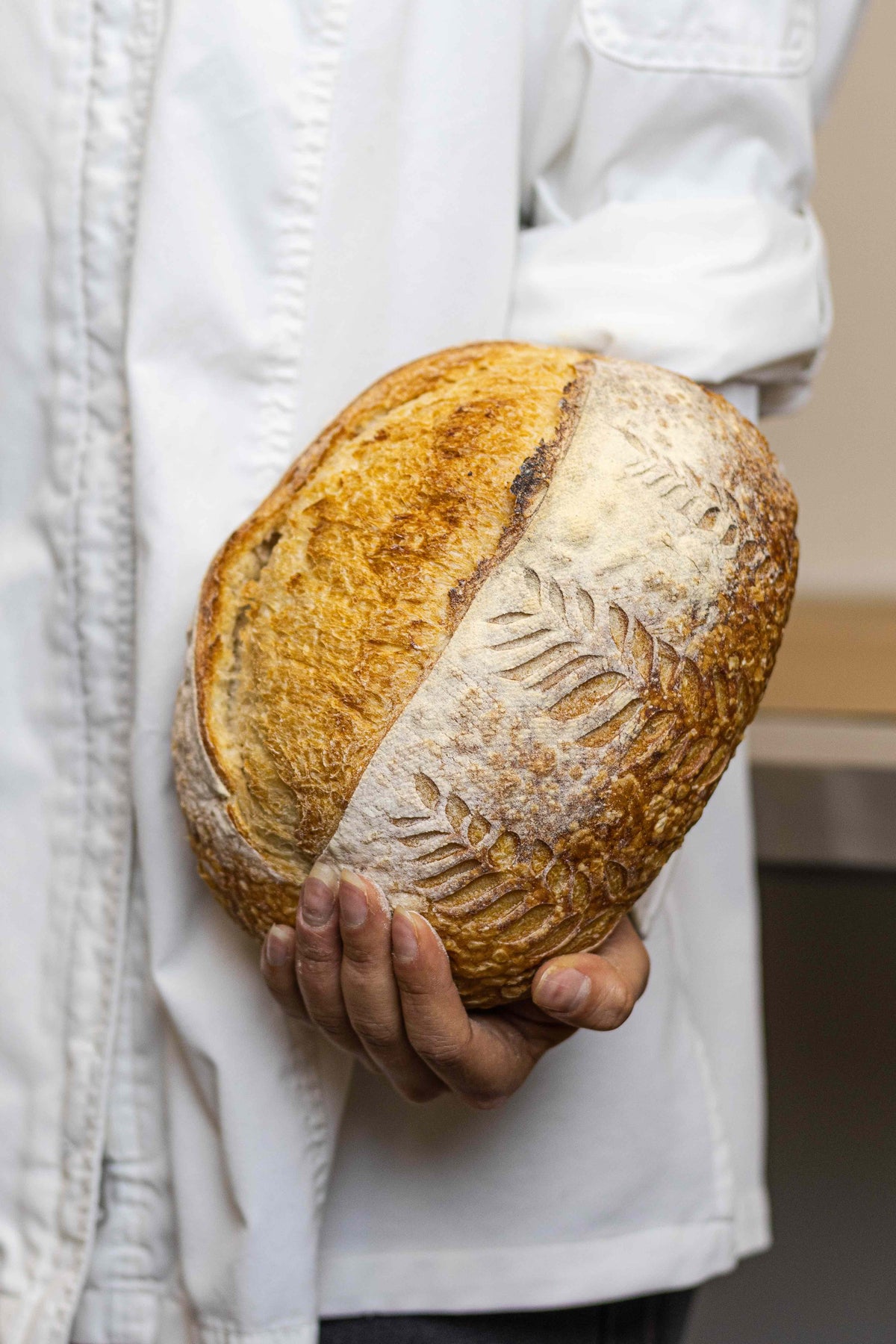 Person holding a loaf of bread with a blurred background