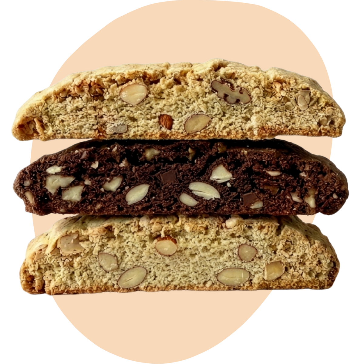 Three stacked biscotti cookies showing their cross-sections, with light beige almond biscotti on top and bottom and a dark chocolate biscotti in the middle, set against a peach-colored abstract background.